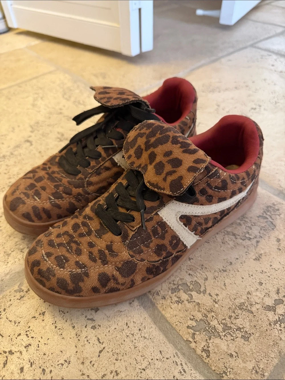 Kids Leopard Print Velcro Sneakers in Brown with Red Lining